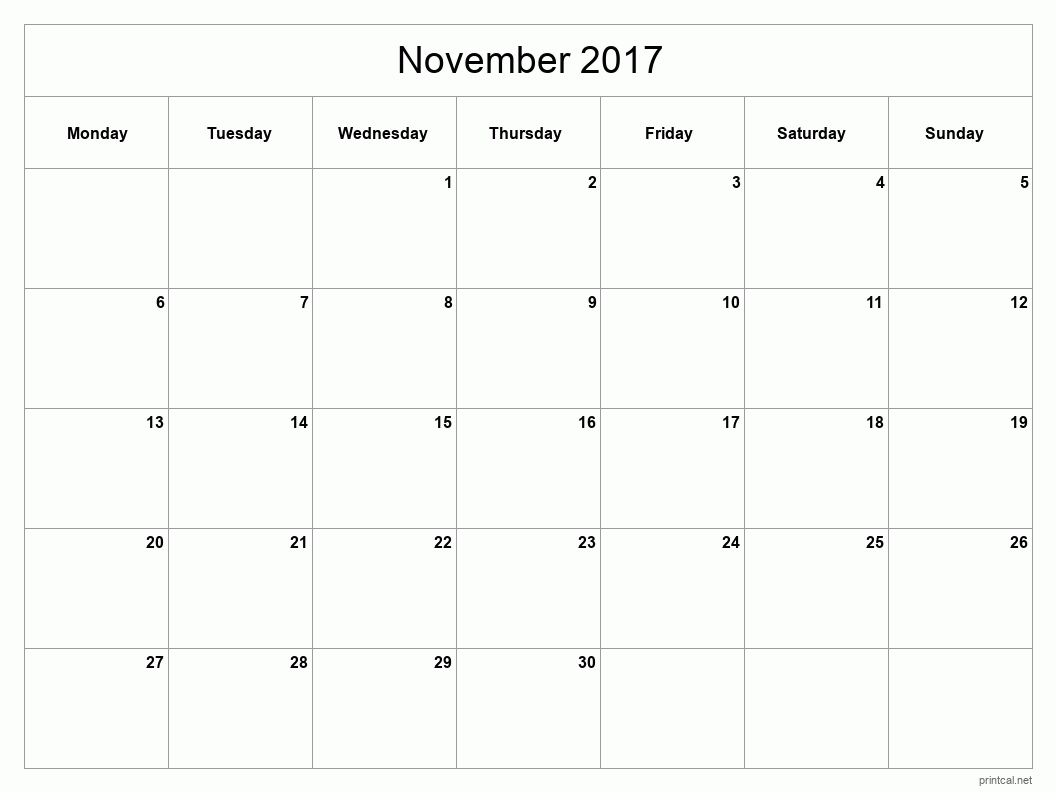 November 2017 Printable Calendar - Classic Blank Sheet