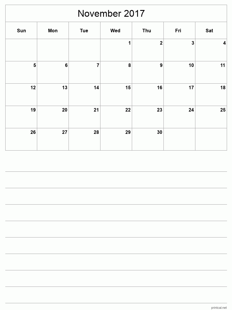 November 2017 Printable Calendar - Half-Page With Notesheet