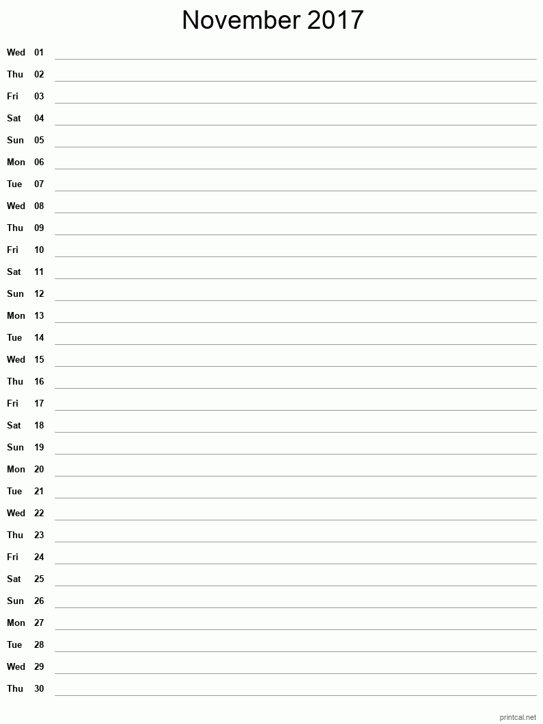 November 2017 Printable Calendar - Single Column Notesheet