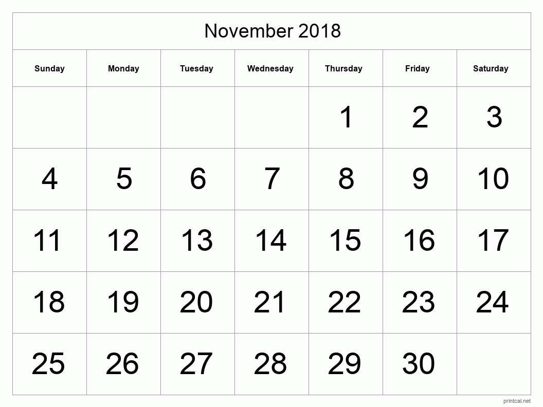 November 2018 Printable Calendar - Big Dates