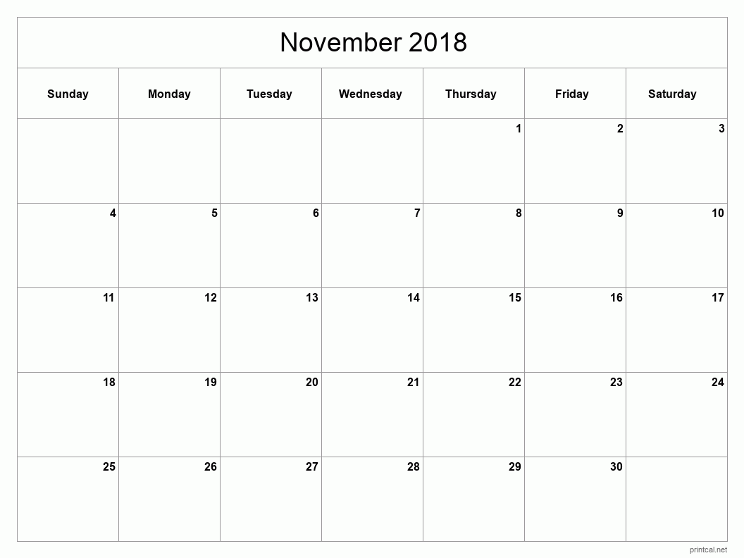 November 2018 Printable Calendar - Classic Blank Sheet