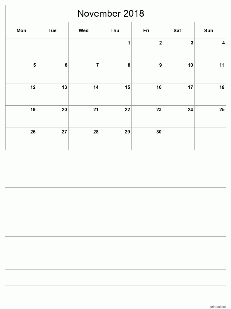 November 2018 Printable Calendar - Half-Page With Notesheet