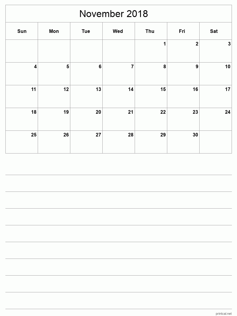 November 2018 Printable Calendar - Half-Page With Notesheet