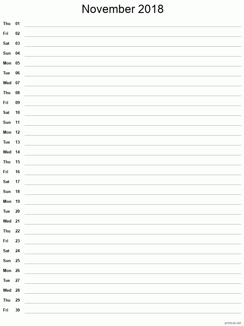 November 2018 Printable Calendar - Single Column Notesheet