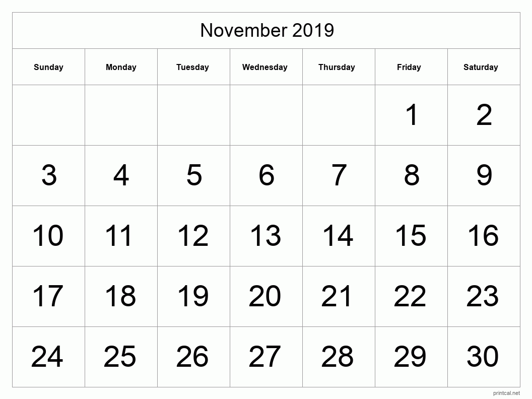 November 2019 Printable Calendar - Big Dates
