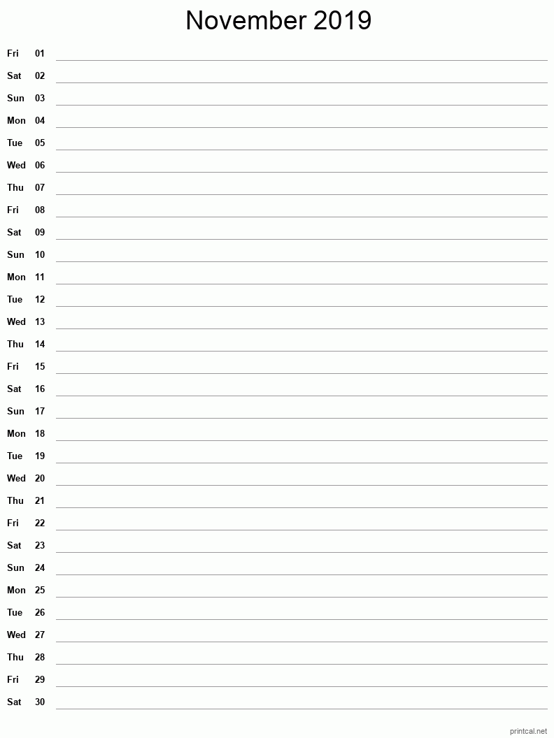 November 2019 Printable Calendar - Single Column Notesheet