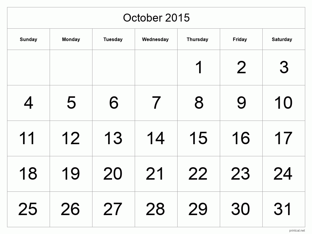October 2015 Printable Calendar - Big Dates