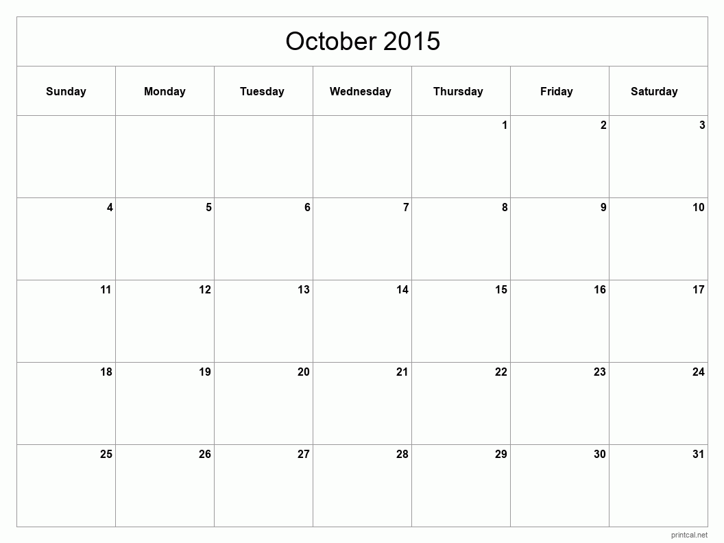 October 2015 Printable Calendar - Classic Blank Sheet