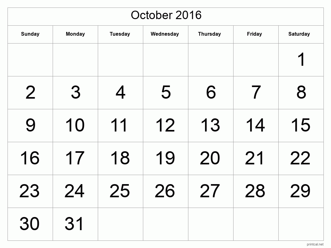 October 2016 Printable Calendar - Big Dates