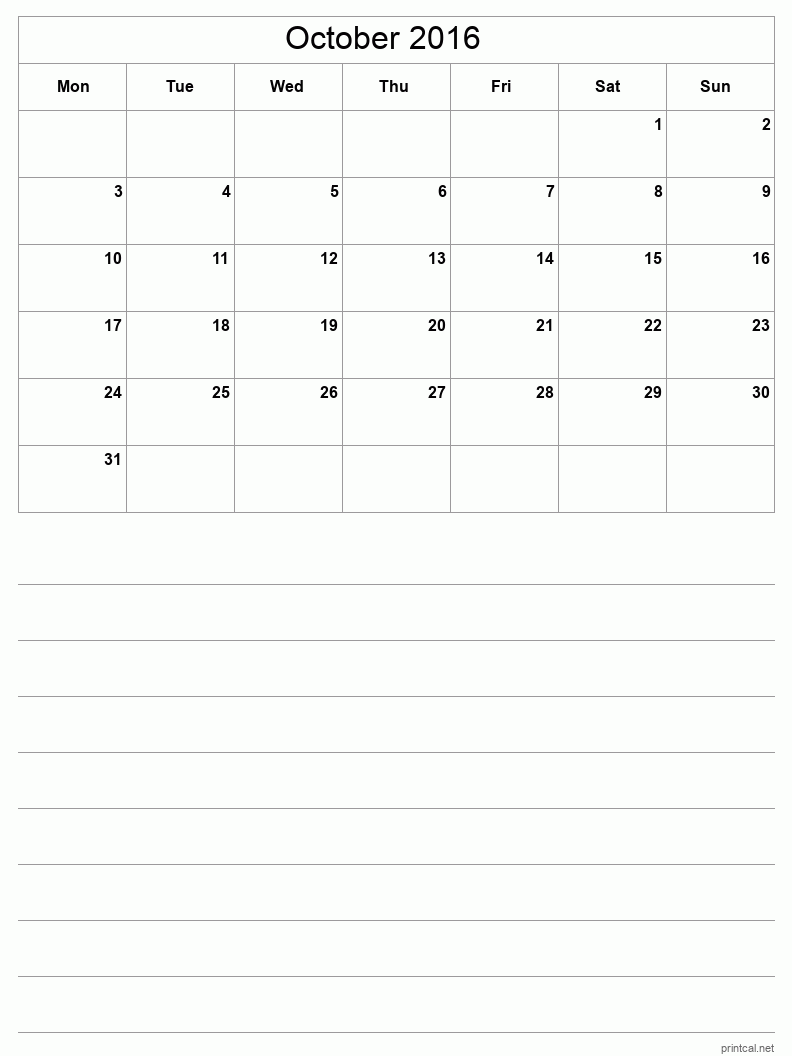 October 2016 Printable Calendar - Half-Page With Notesheet