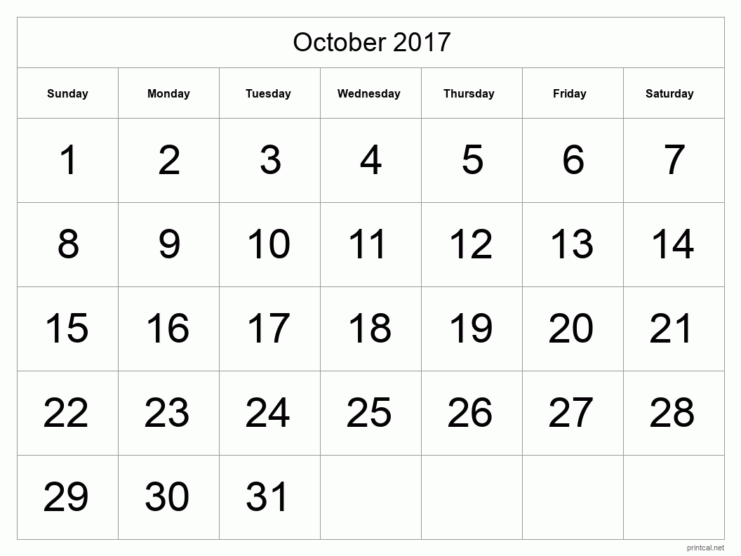 October 2017 Printable Calendar - Big Dates
