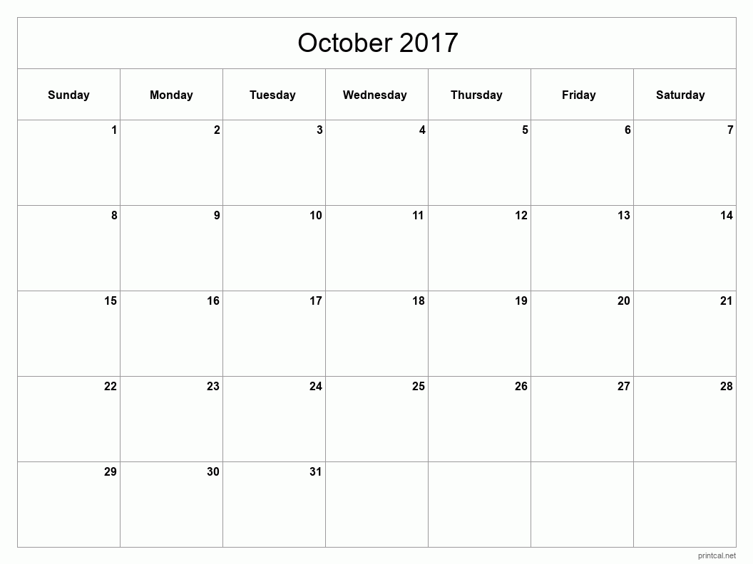 October 2017 Printable Calendar - Classic Blank Sheet