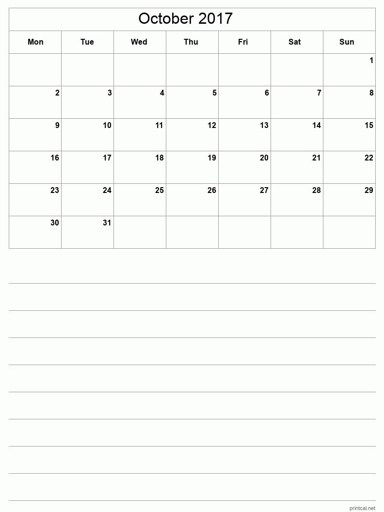 October 2017 Printable Calendar - Half-Page With Notesheet