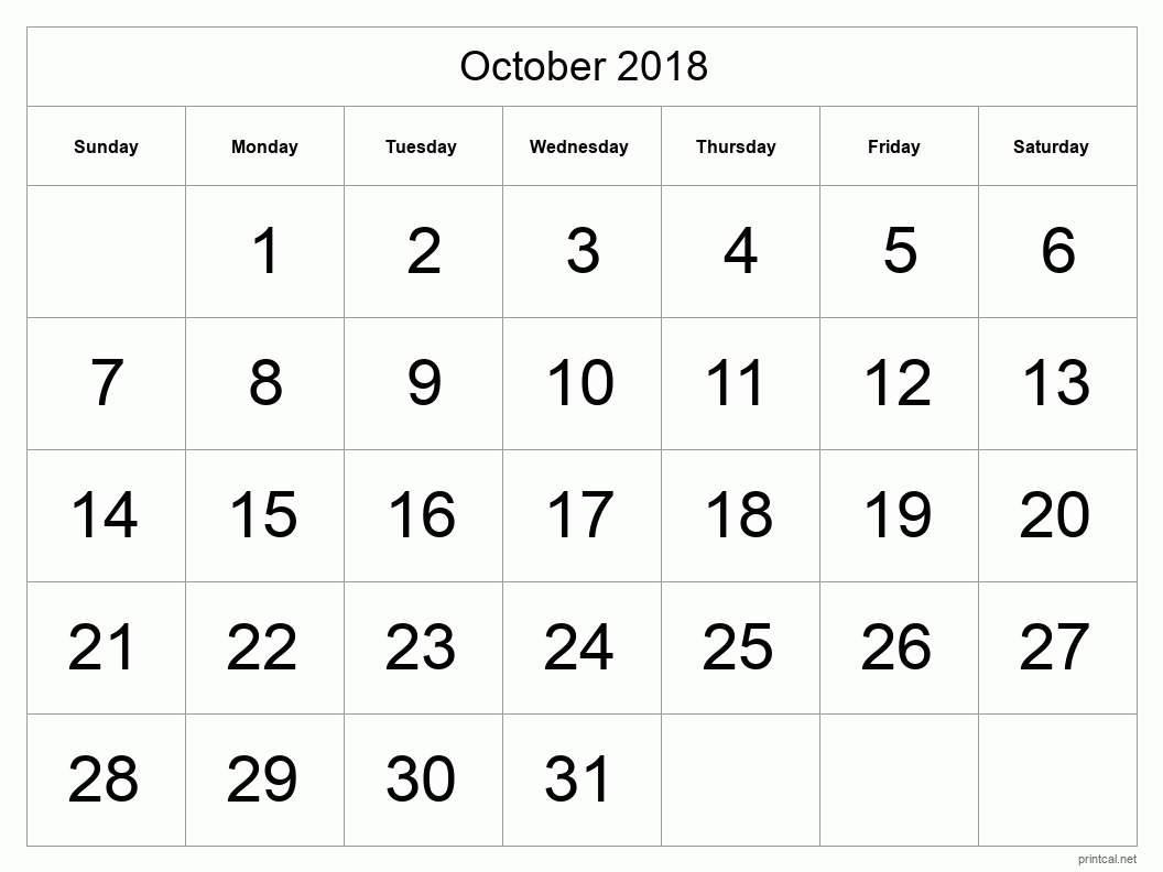 October 2018 Printable Calendar - Big Dates