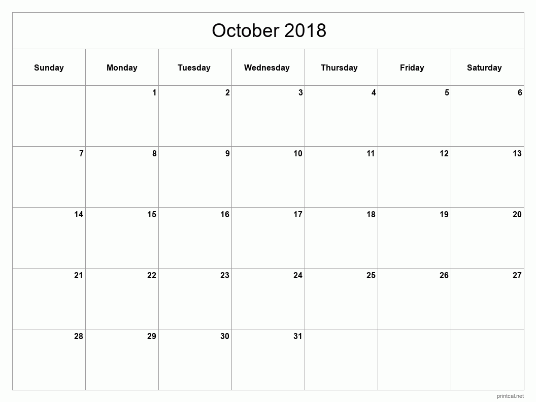 October 2018 Printable Calendar - Classic Blank Sheet