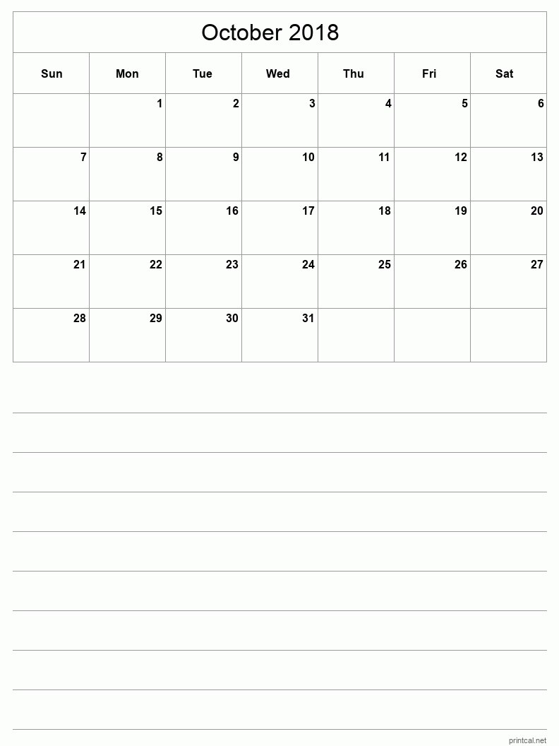 October 2018 Printable Calendar - Half-Page With Notesheet