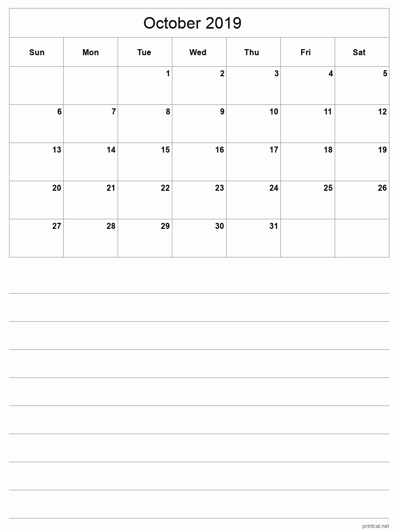 October 2019 Printable Calendar - Half-Page With Notesheet