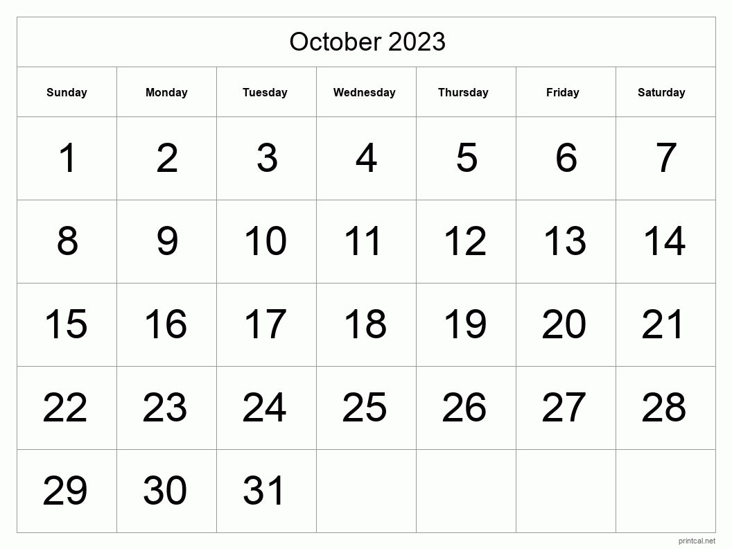 October 2023 Printable Calendar - Big Dates