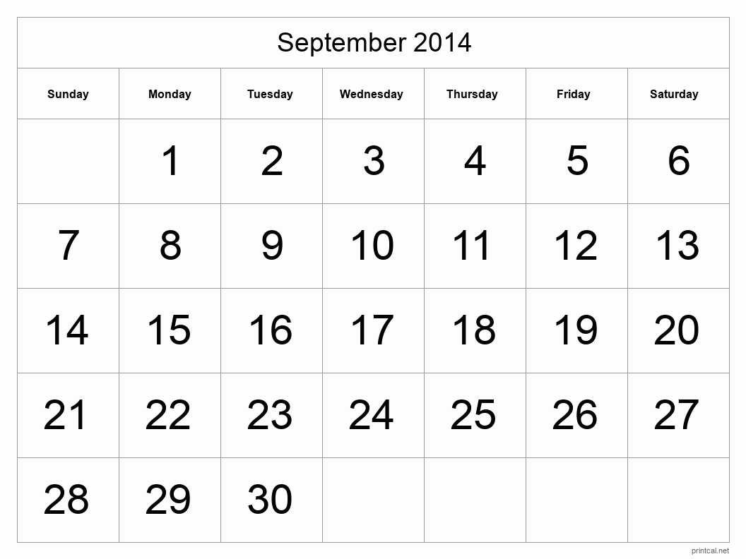 September 2014 Printable Calendar - Big Dates