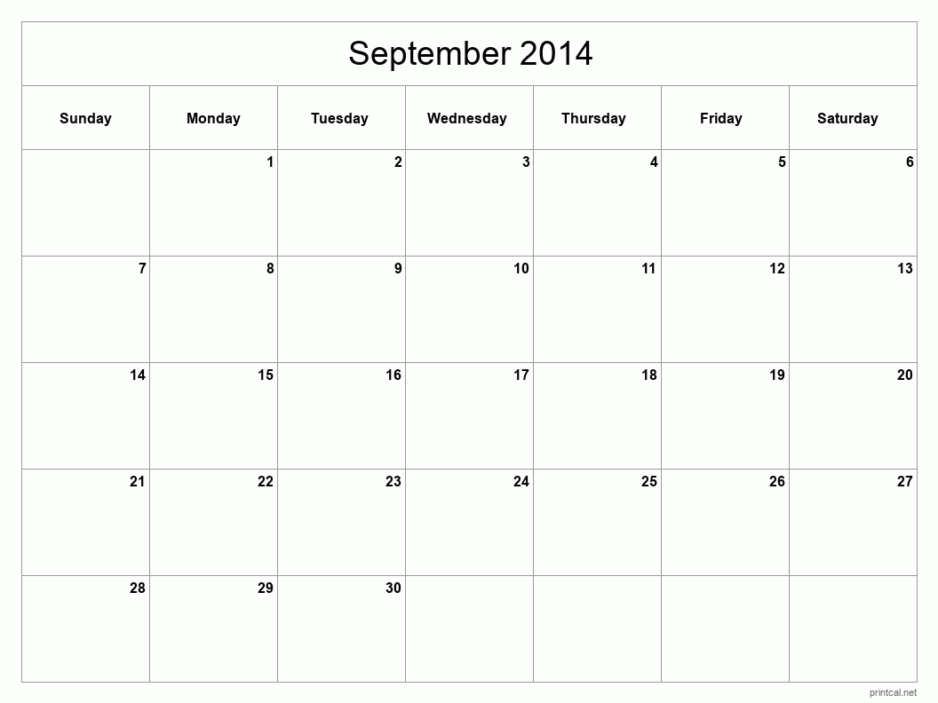 September 2014 Printable Calendar - Classic Blank Sheet