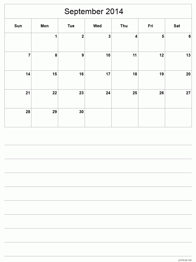 September 2014 Printable Calendar - Half-Page With Notesheet