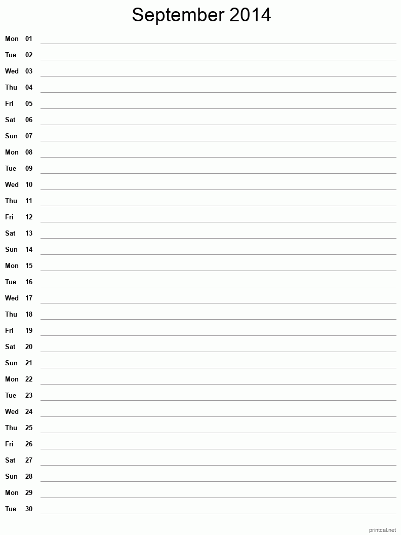 September 2014 Printable Calendar - Single Column Notesheet