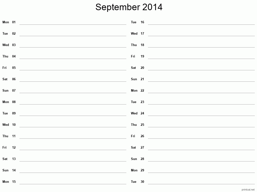 September 2014 Printable Calendar - Two Column Notesheet