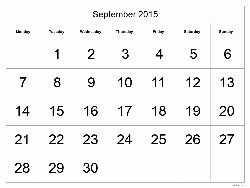 September 2015 Printable Calendar - Big Dates