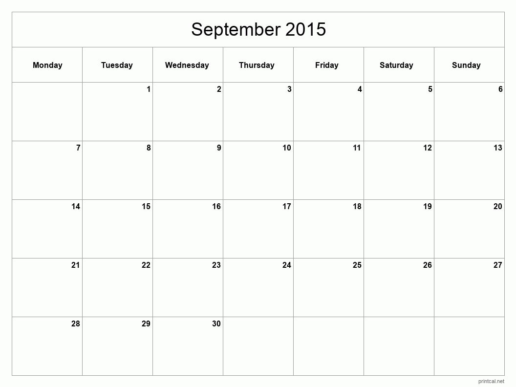 September 2015 Printable Calendar - Classic Blank Sheet