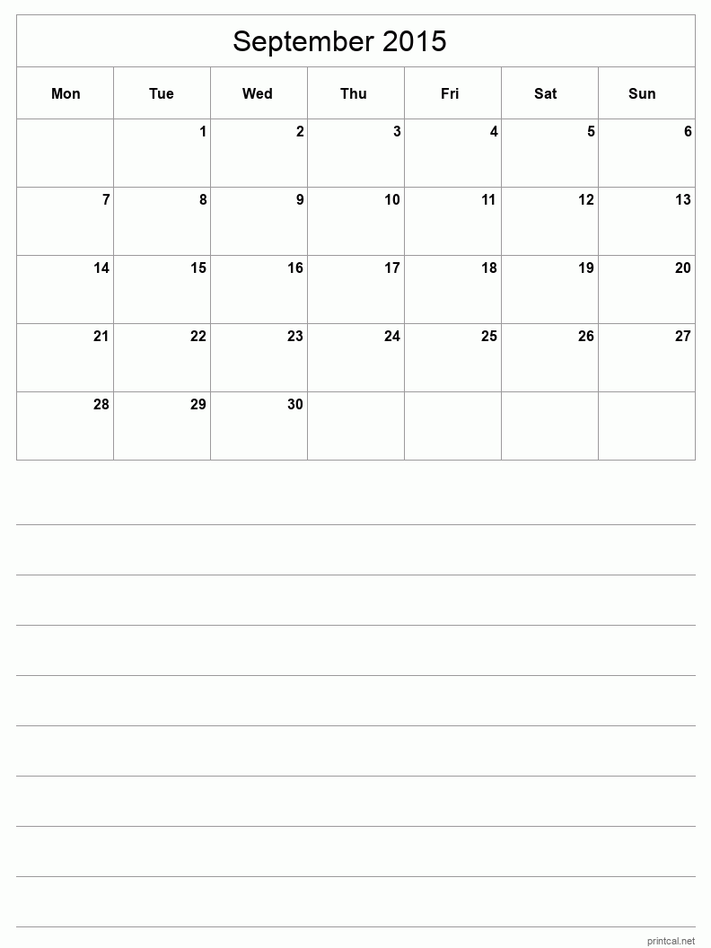 September 2015 Printable Calendar - Half-Page With Notesheet
