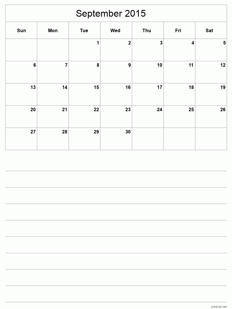 September 2015 Printable Calendar - Half-Page With Notesheet