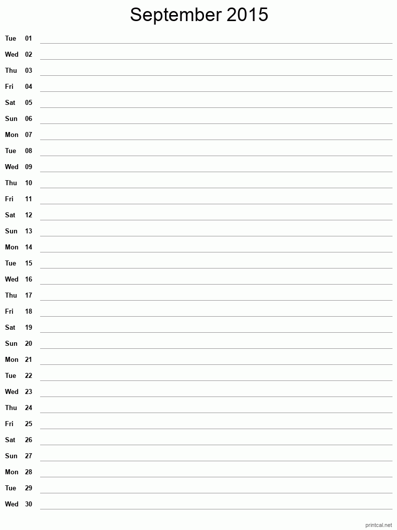 September 2015 Printable Calendar - Single Column Notesheet