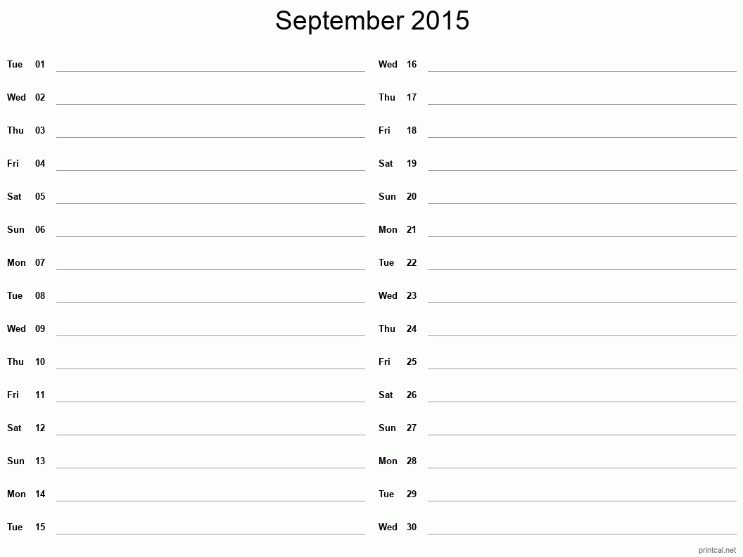 September 2015 Printable Calendar - Two Column Notesheet