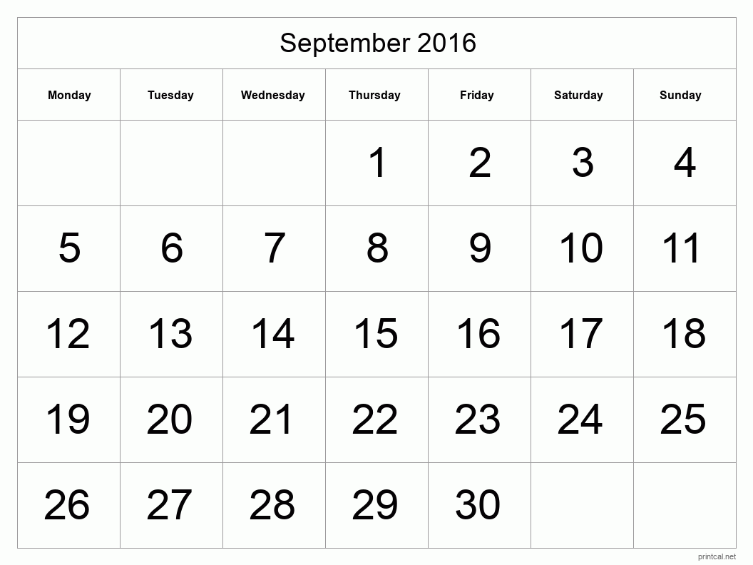 September 2016 Printable Calendar - Big Dates