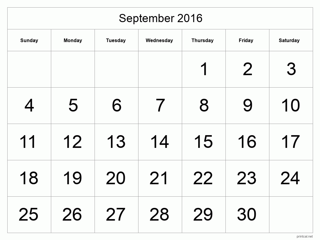 September 2016 Printable Calendar - Big Dates