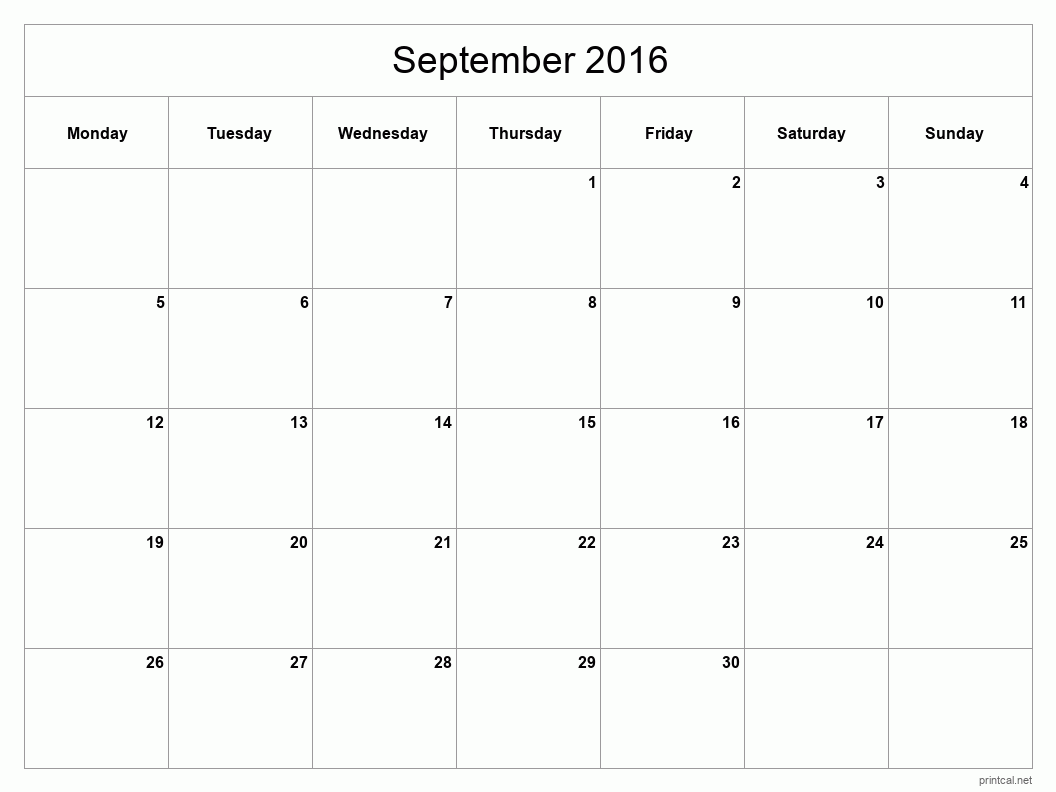 September 2016 Printable Calendar - Classic Blank Sheet
