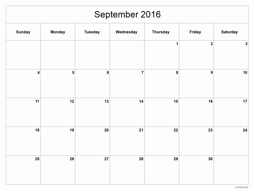 September 2016 Printable Calendar - Classic Blank Sheet