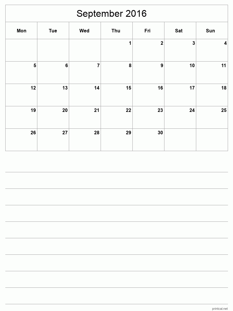 September 2016 Printable Calendar - Half-Page With Notesheet