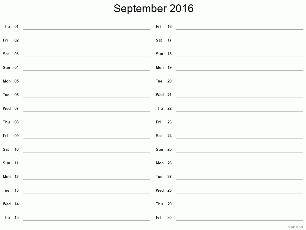 September 2016 Printable Calendar - Two Column Notesheet