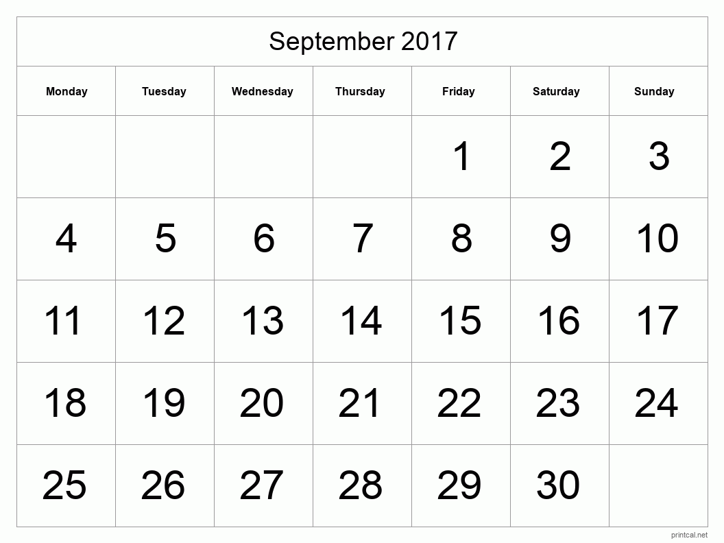 September 2017 Printable Calendar - Big Dates