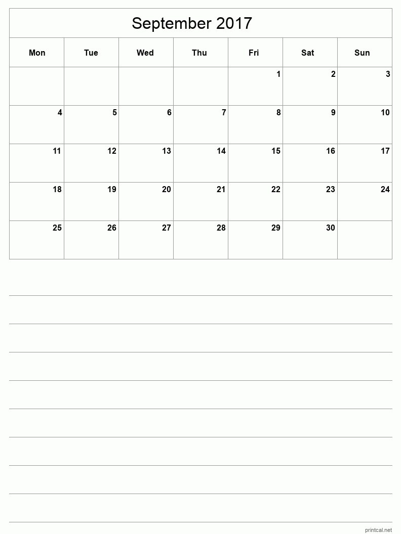 September 2017 Printable Calendar - Half-Page With Notesheet