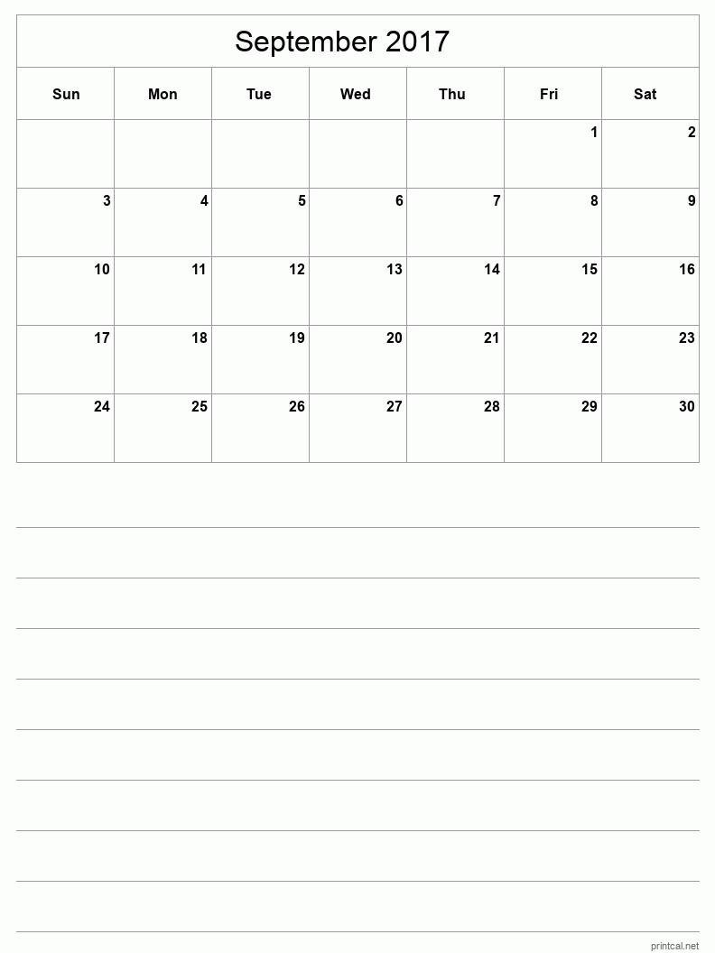 September 2017 Printable Calendar - Half-Page With Notesheet