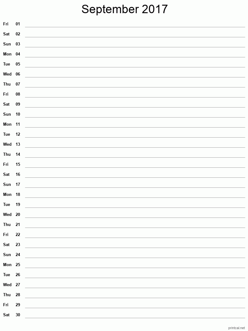 September 2017 Printable Calendar - Single Column Notesheet