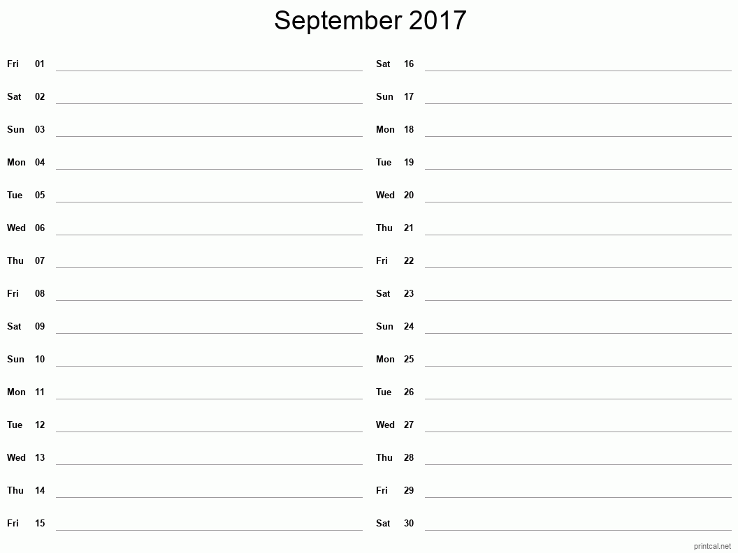 September 2017 Printable Calendar - Two Column Notesheet