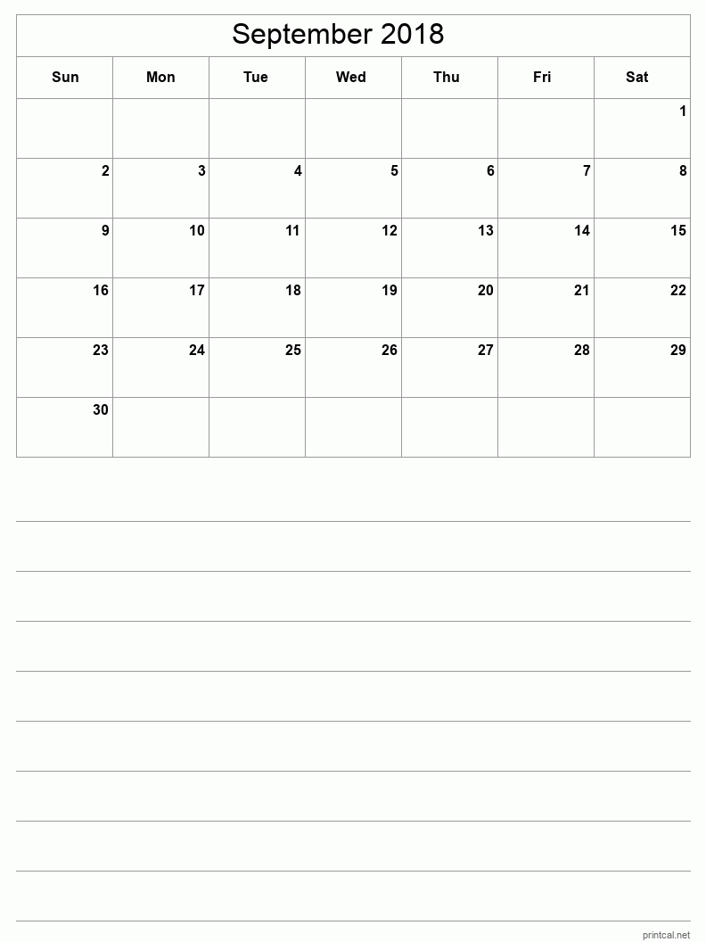 September 2018 Printable Calendar - Half-Page With Notesheet