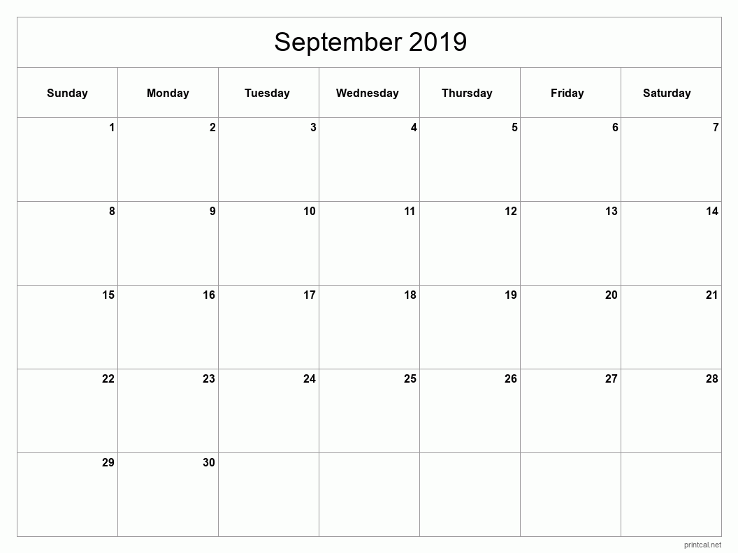 September 2019 Printable Calendar - Classic Blank Sheet