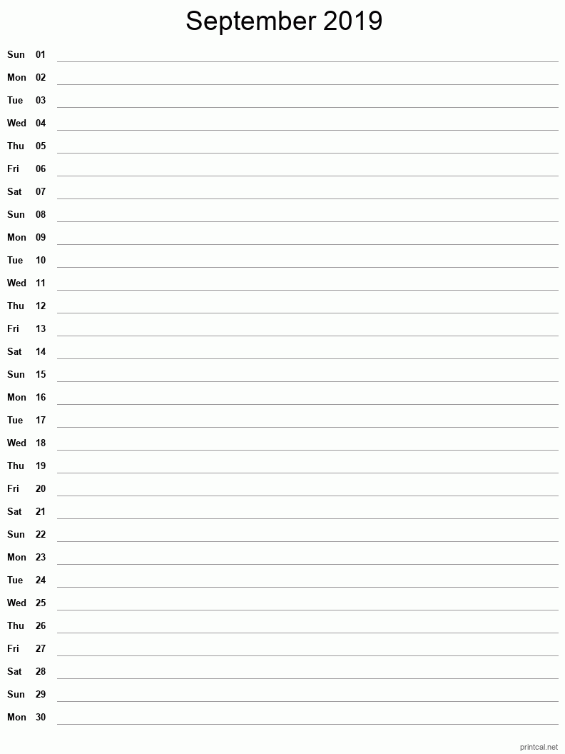 September 2019 Printable Calendar - Single Column Notesheet