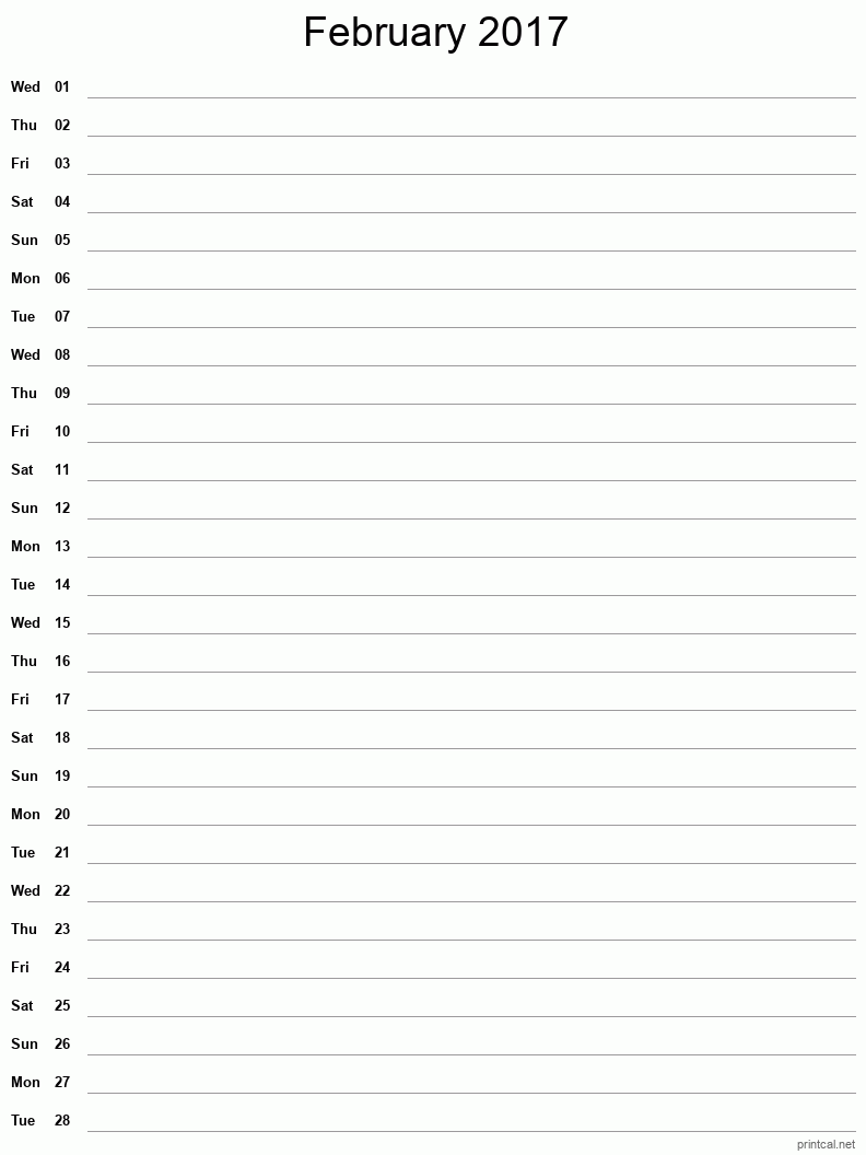Right click to save image Printable February 2017 Blank Calendar - full-page notes