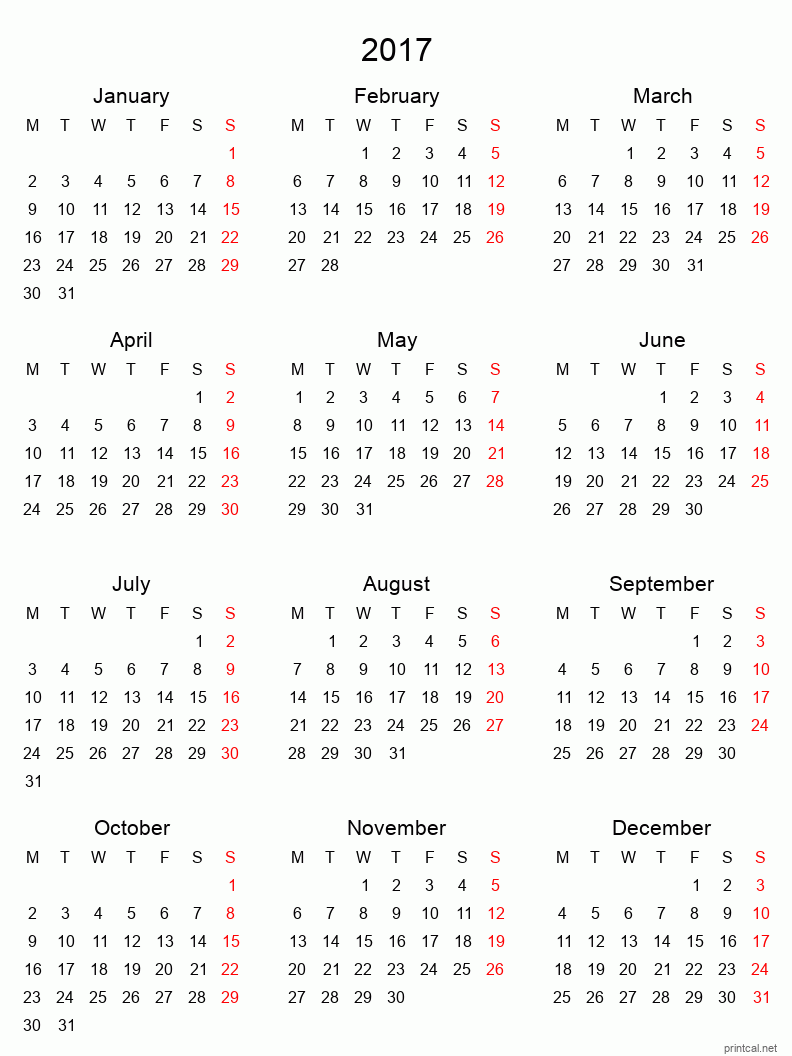 Right click to save image Printable 2017 Calendar - simple, tabular
