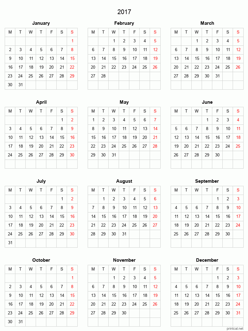 Right click to save image Printable 2017 Calendar - simple, grid